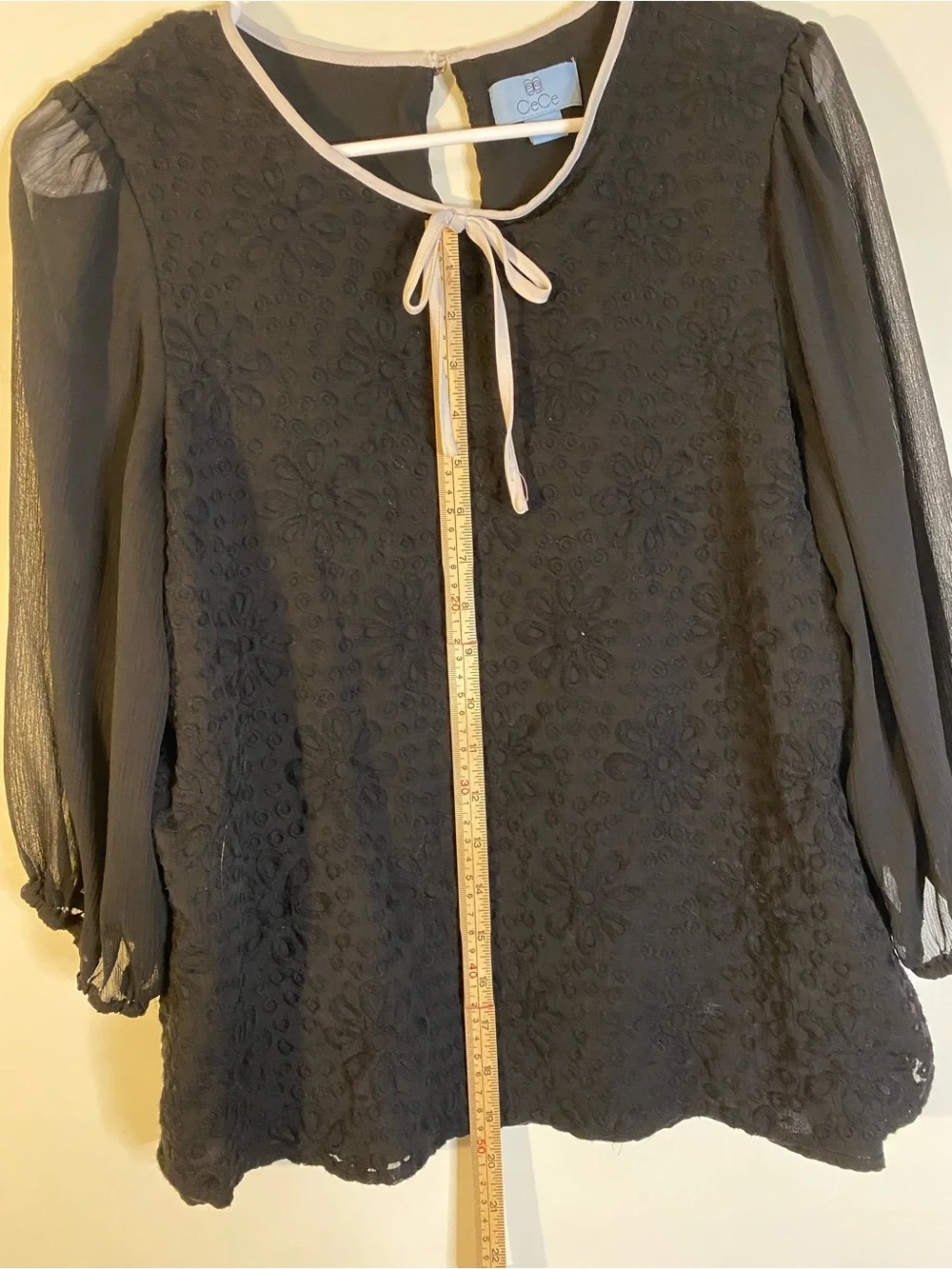 CeCe Black Floral Lace Blouse with Cream Neck Tie